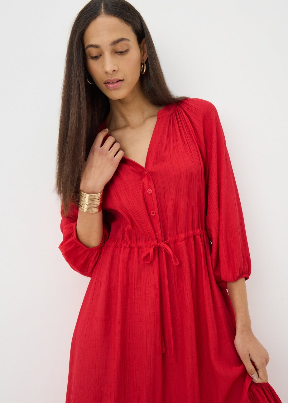 Red Raglan Midi Shirt Dress