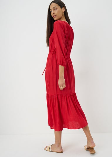 Red Raglan Midi Shirt Dress