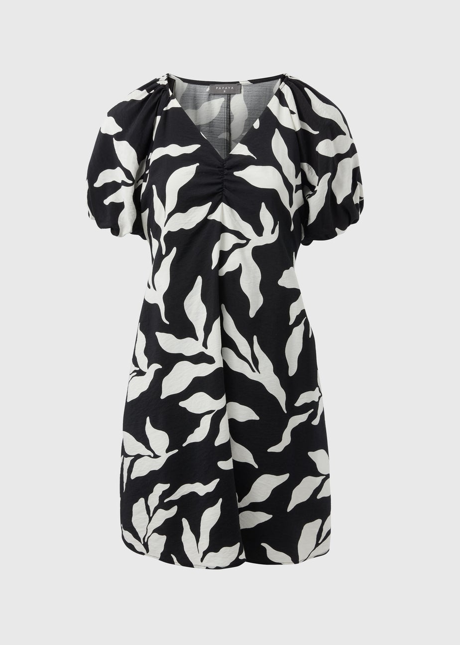 Papaya Petite Black Leaf Puff Sleeve Mini Dress
