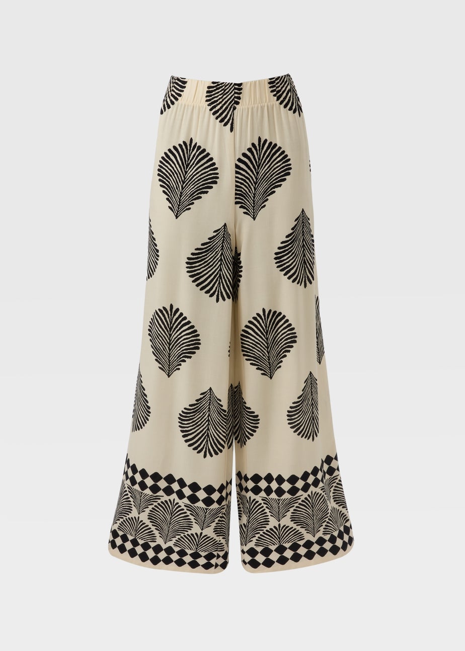 Cream Printed Boarder Wide Leg Trousers