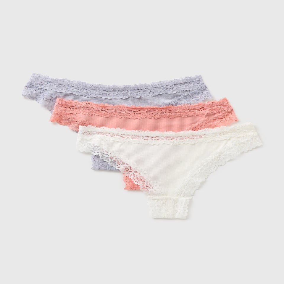 3 Pack Multi Coloured Lace Trim Brazilian Knickers