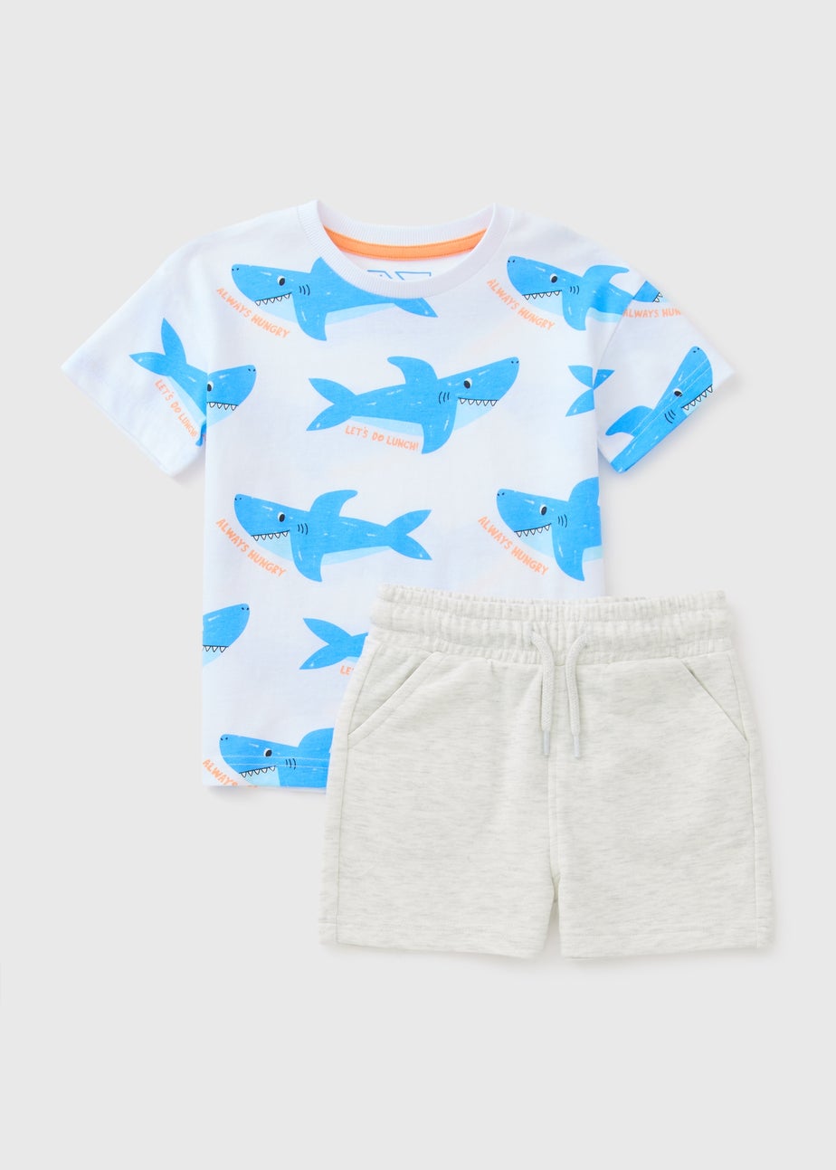 Boys White Shark Top & Shorts Set (1-7yrs)