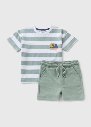 Boys Green Stripe Beach Life T-Shirt & Shorts Set (1-7yrs)