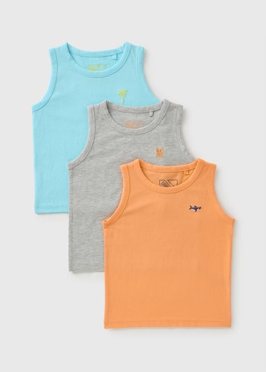 Boys 3 Pack Orange/Blue/Grey Embroidered Vests (1-7yrs)
