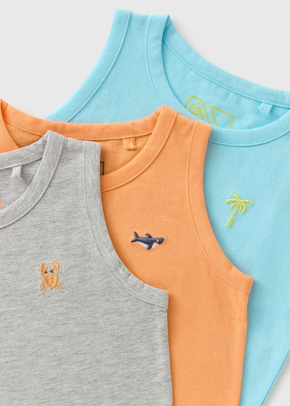Boys 3 Pack Orange/Blue/Grey Embroidered Vests (1-7yrs)