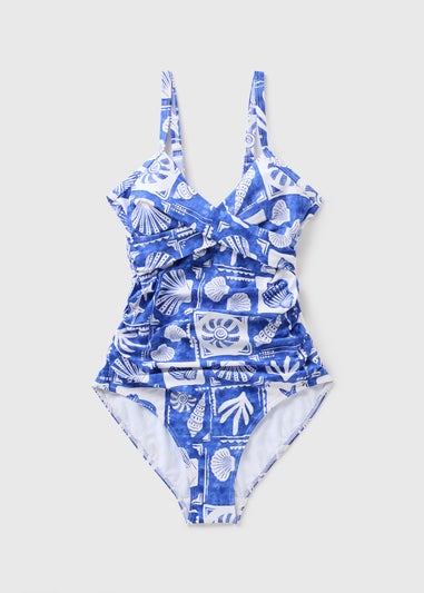 Blue Shapewear Beach Print Swimsuit