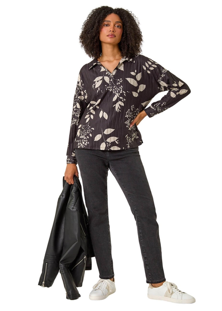 Roman Dark Grey Mono Floral Collared Top