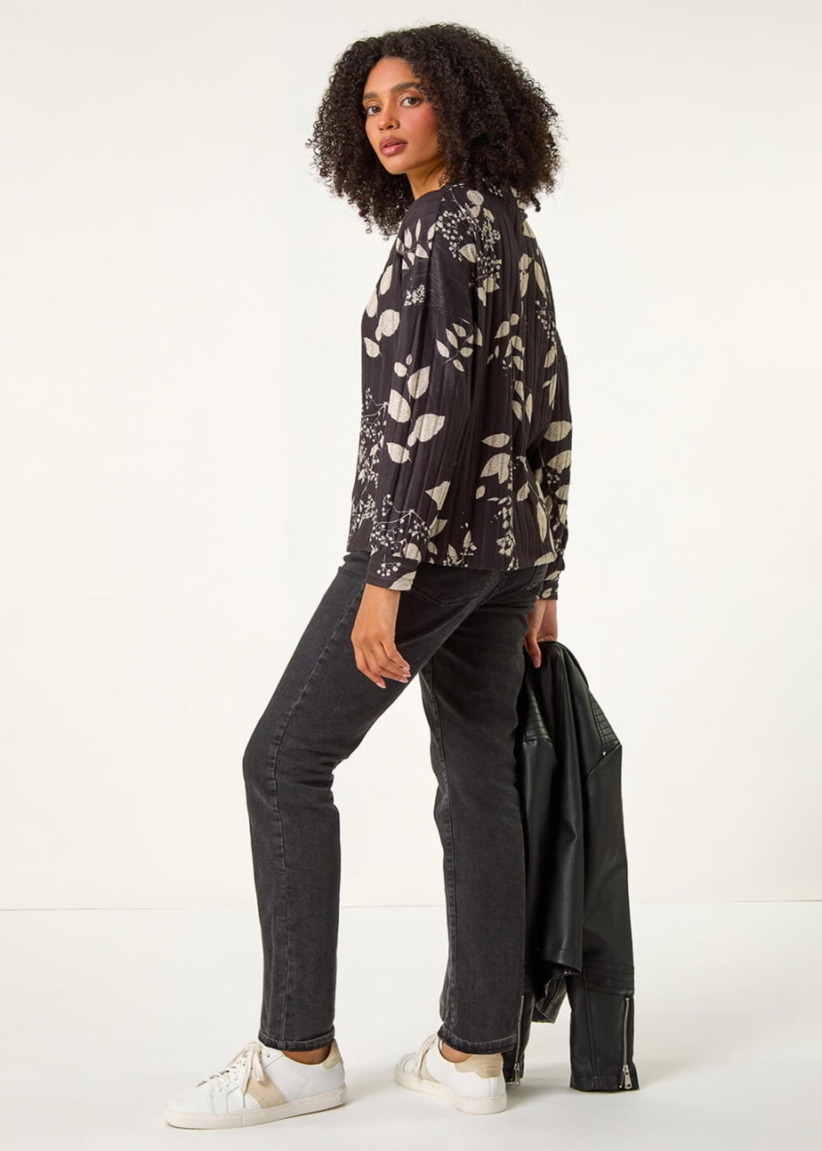 Roman Dark Grey Mono Floral Collared Top