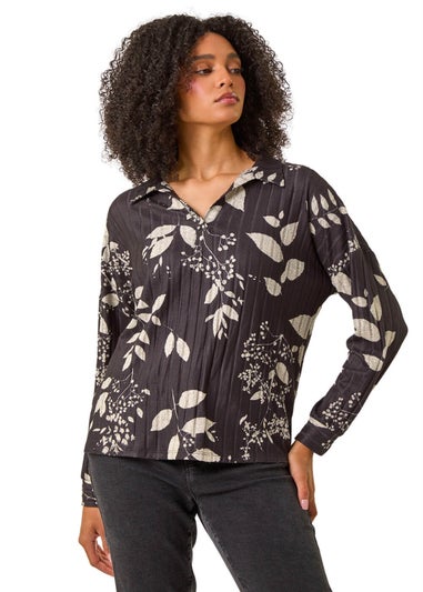 Roman Dark Grey Mono Floral Collared Top