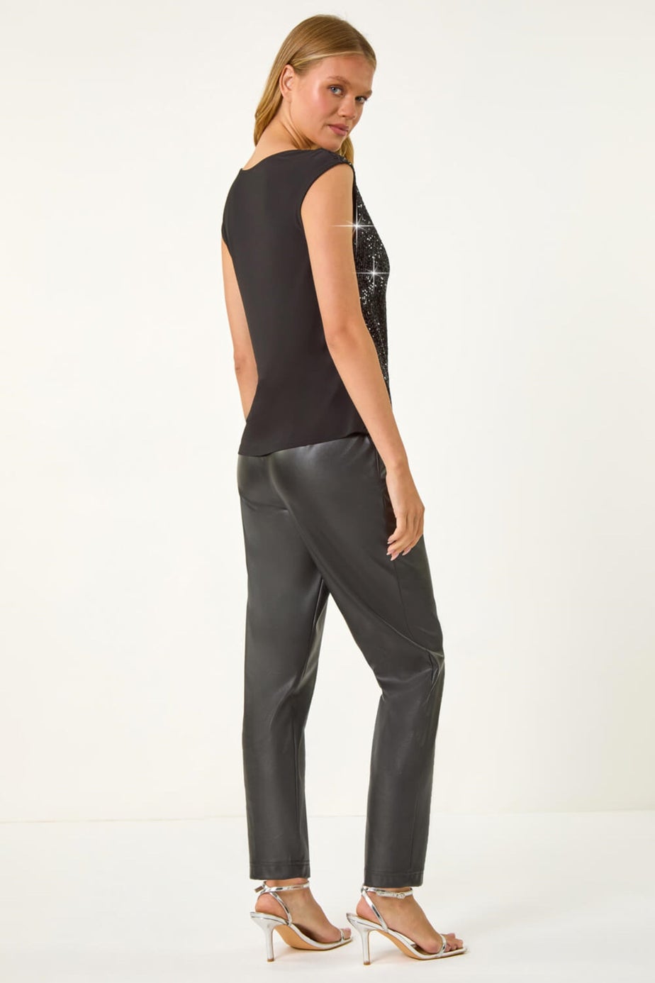 Roman Black Sequin Cowl Neck Stretch Jersey Top