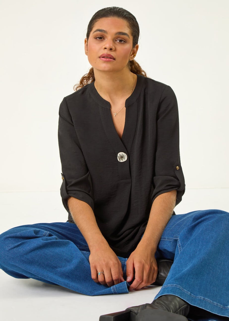 Roman Black V-Neck Button Detail Top