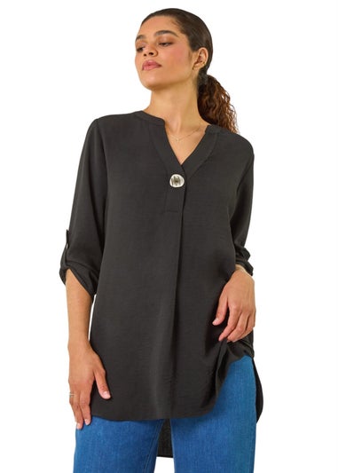 Roman Black V-Neck Button Detail Top