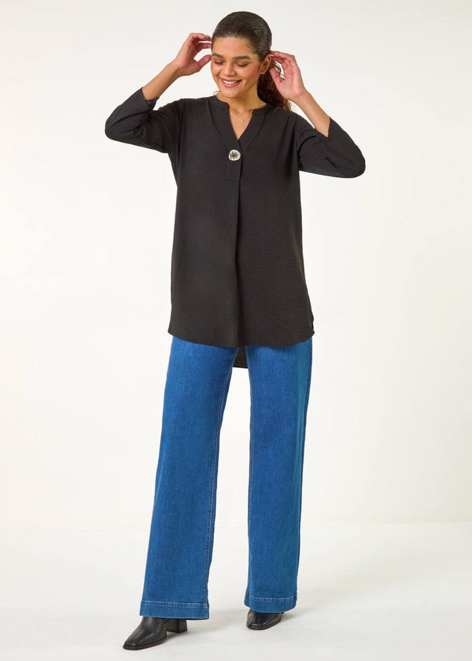 Roman Black V-Neck Button Detail Top