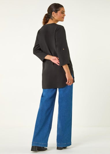 Roman Black V-Neck Button Detail Top