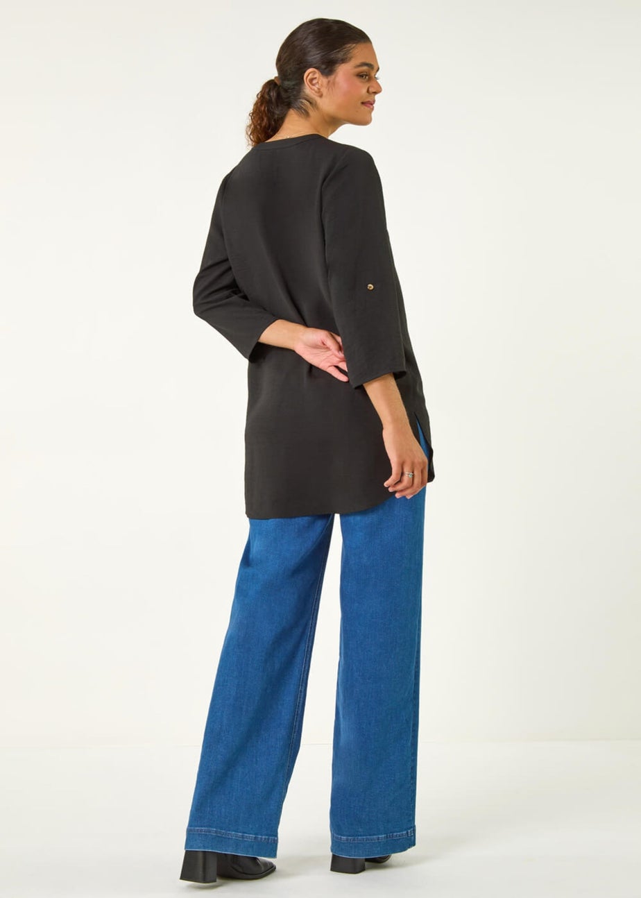 Roman Black V-Neck Button Detail Top