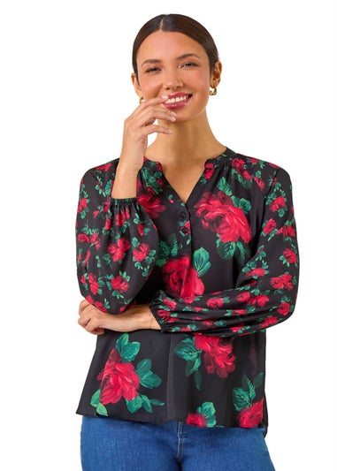 Roman Red Floral Print Notch Neck Top