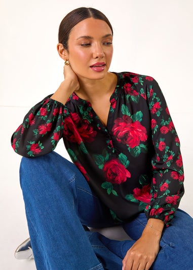 Roman Red Floral Print Notch Neck Top