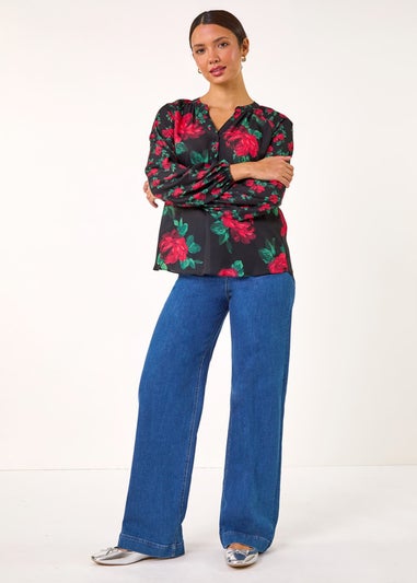 Roman Red Floral Print Notch Neck Top