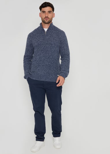 Threadbare Blue Waffle Knit Quarter Zip Jumper