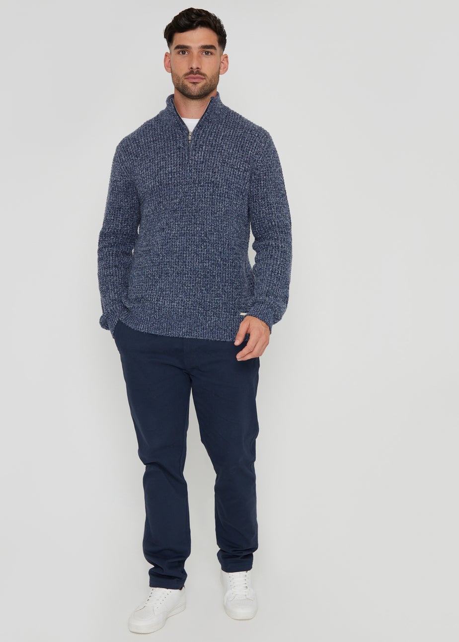Threadbare Blue Waffle Knit Quarter Zip Jumper