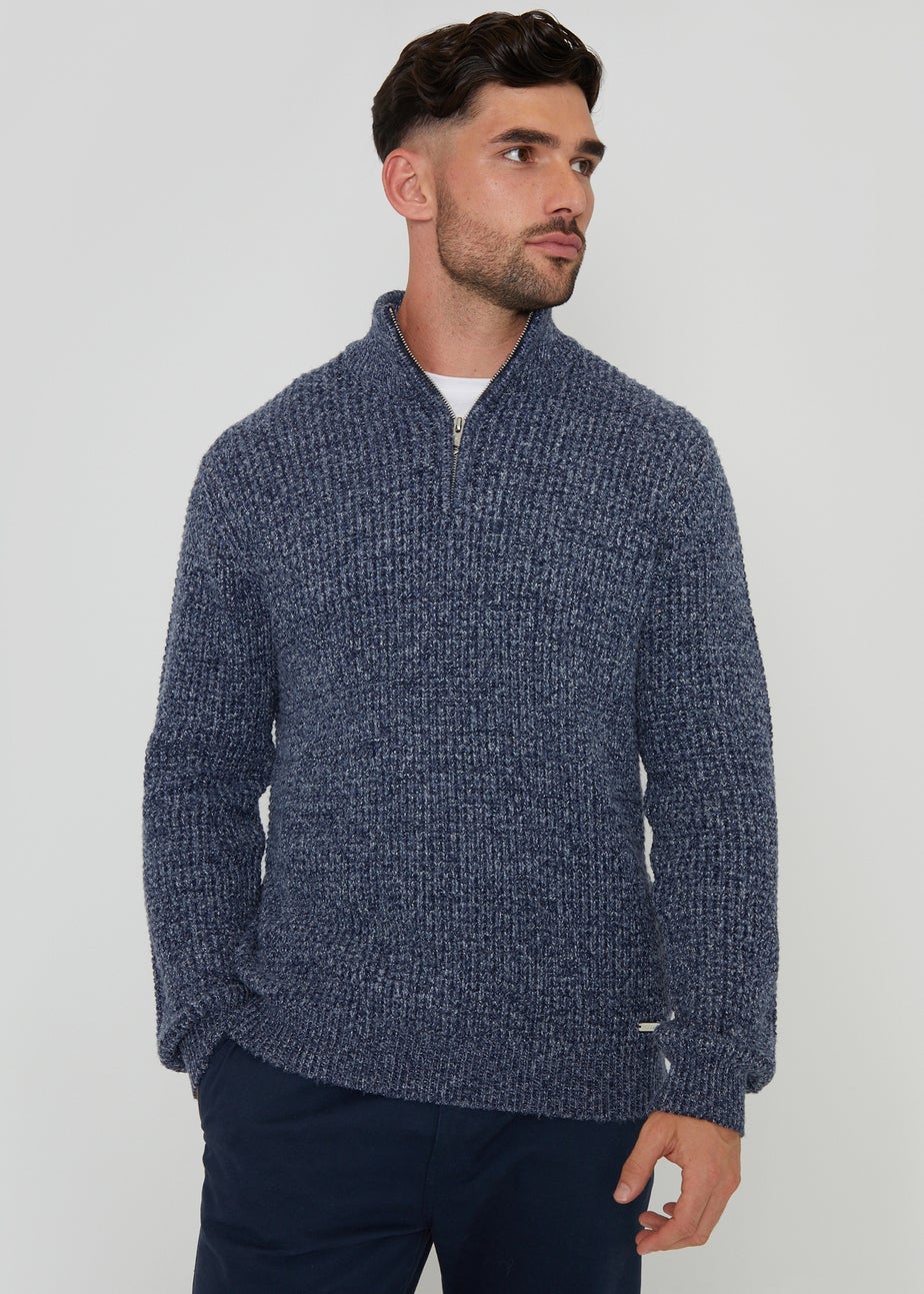 Threadbare Blue Waffle Knit Quarter Zip Jumper