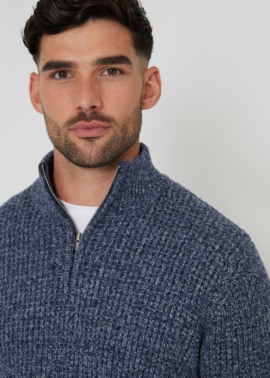 Threadbare Blue Waffle Knit Quarter Zip Jumper