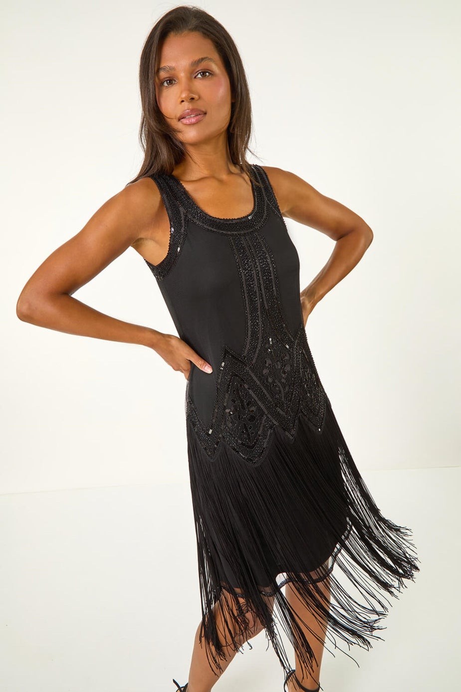 Roman Black Sequin Fringe Hem Flapper Dress