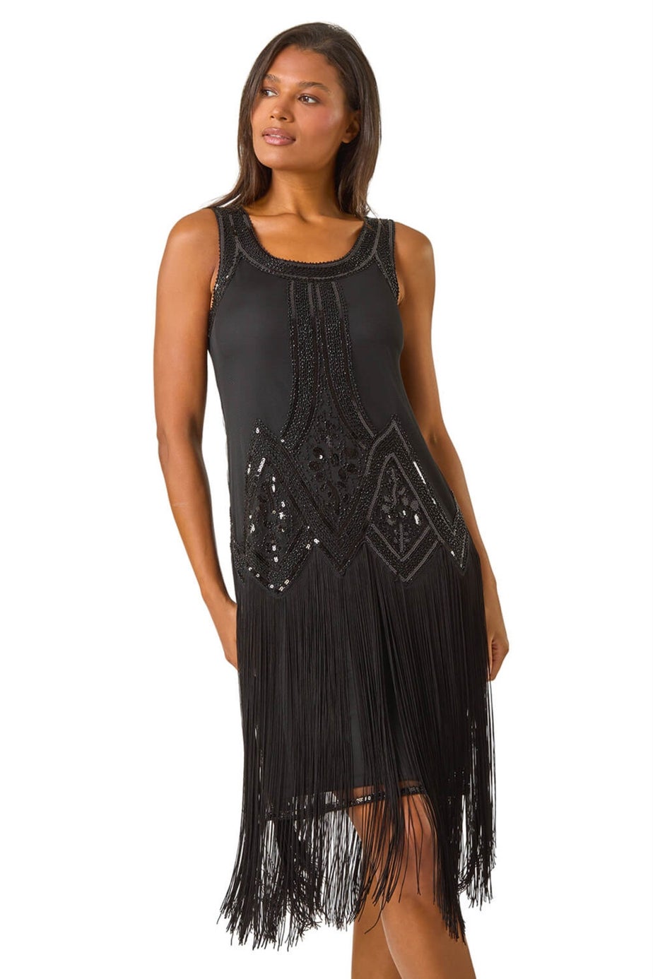 Roman Black Sequin Fringe Hem Flapper Dress