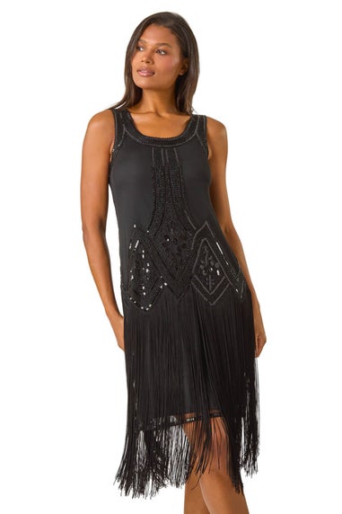 Roman Black Sequin Fringe Hem Flapper Dress