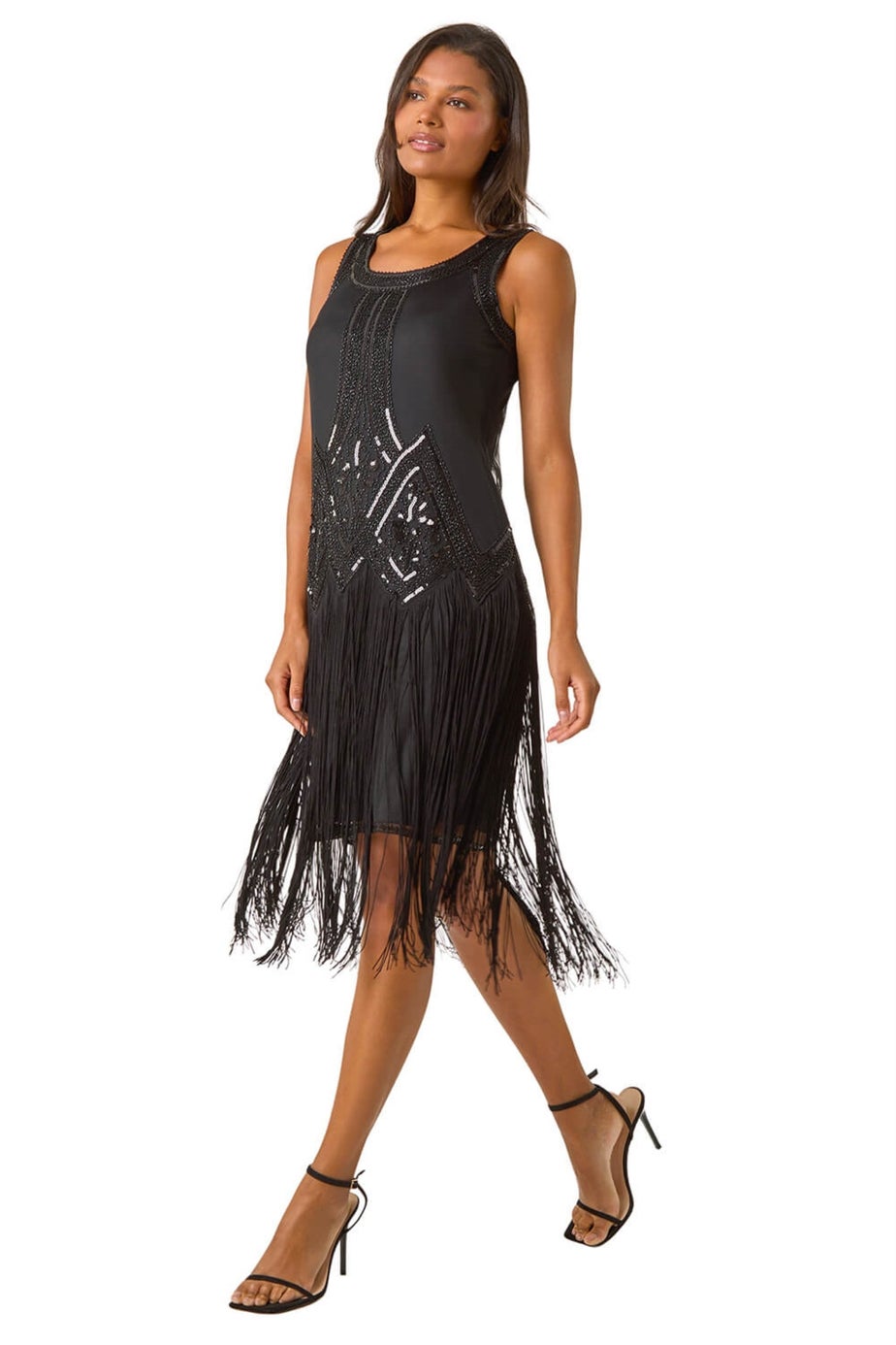 Roman Black Sequin Fringe Hem Flapper Dress