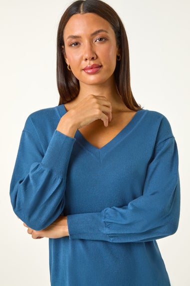 Roman Teal Blue V-Neck Knit Jumper Dress