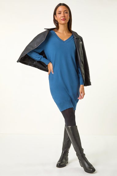 Roman Teal Blue V-Neck Knit Jumper Dress