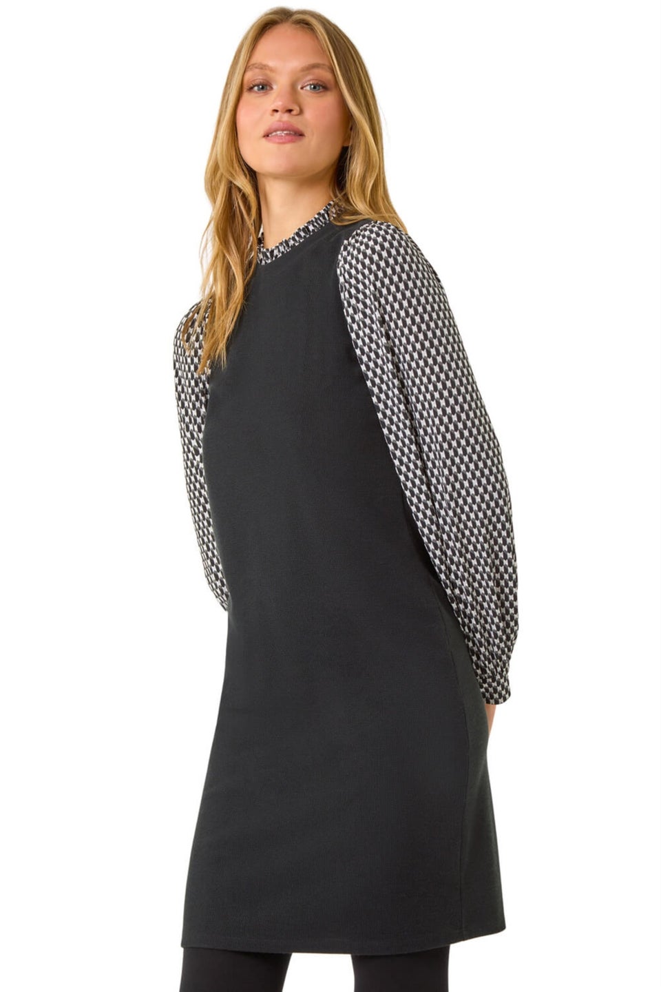 Roman Black Geometric Contrast Knit Dress