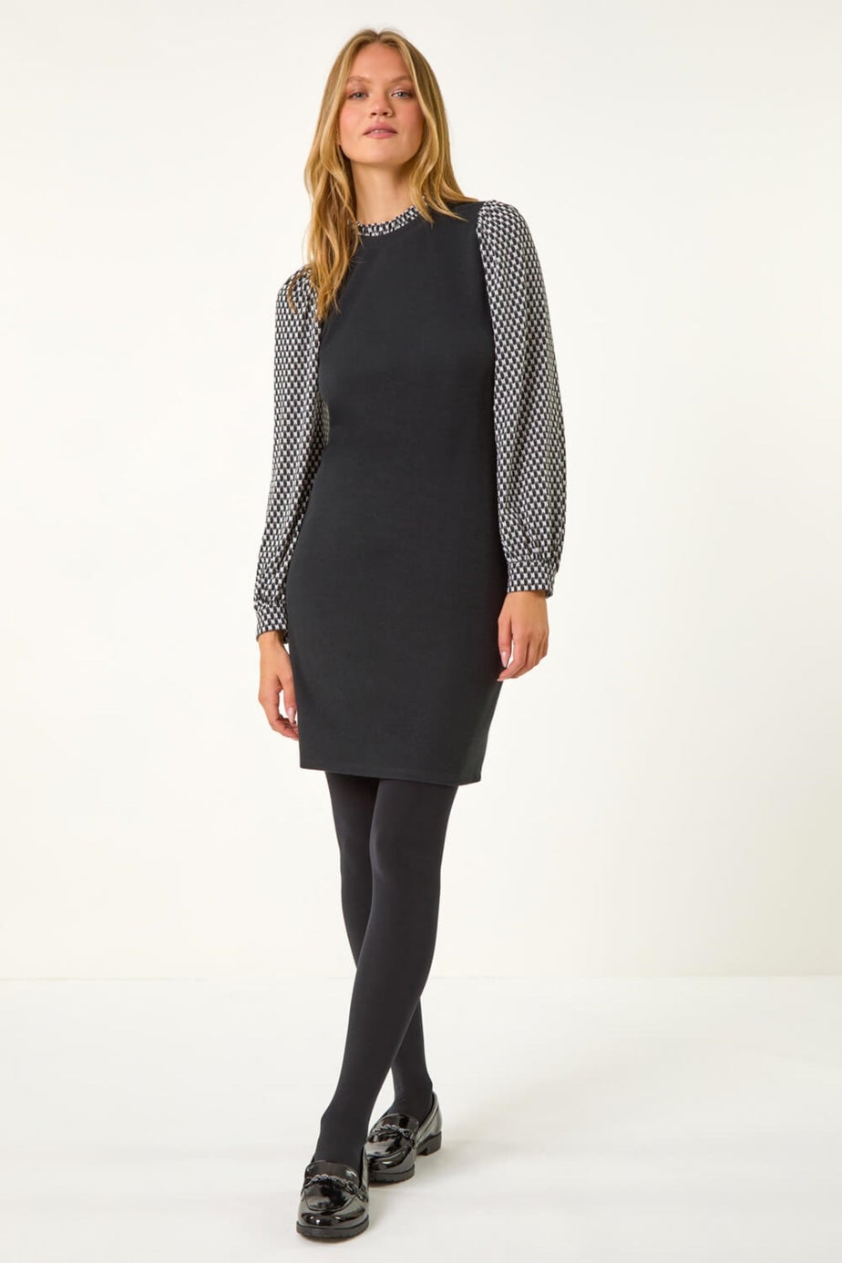 Roman Black Geometric Contrast Knit Dress