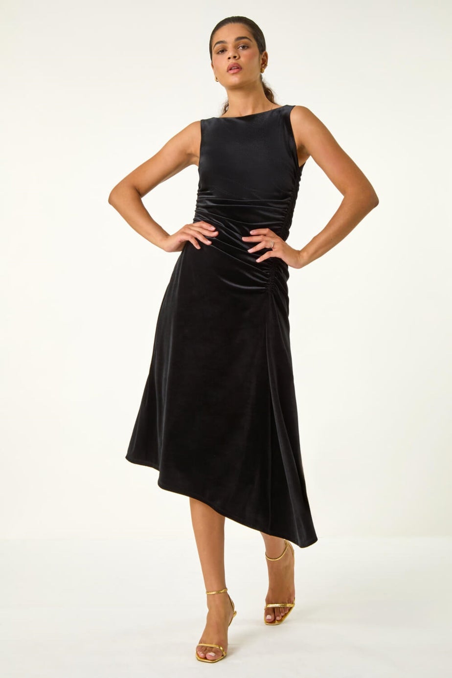 Roman Black Velvet Side Ruched Stretch Midi Dress