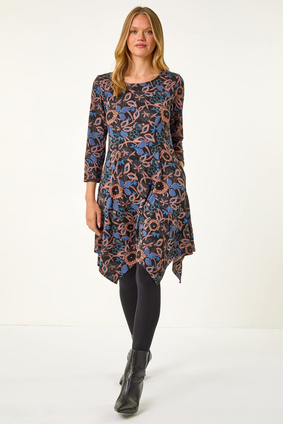 Roman Navy Floral Print Hanky Hem Stretch Dress