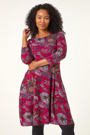 Roman Burgundy Petite Floral Print A-Line Stretch Dress