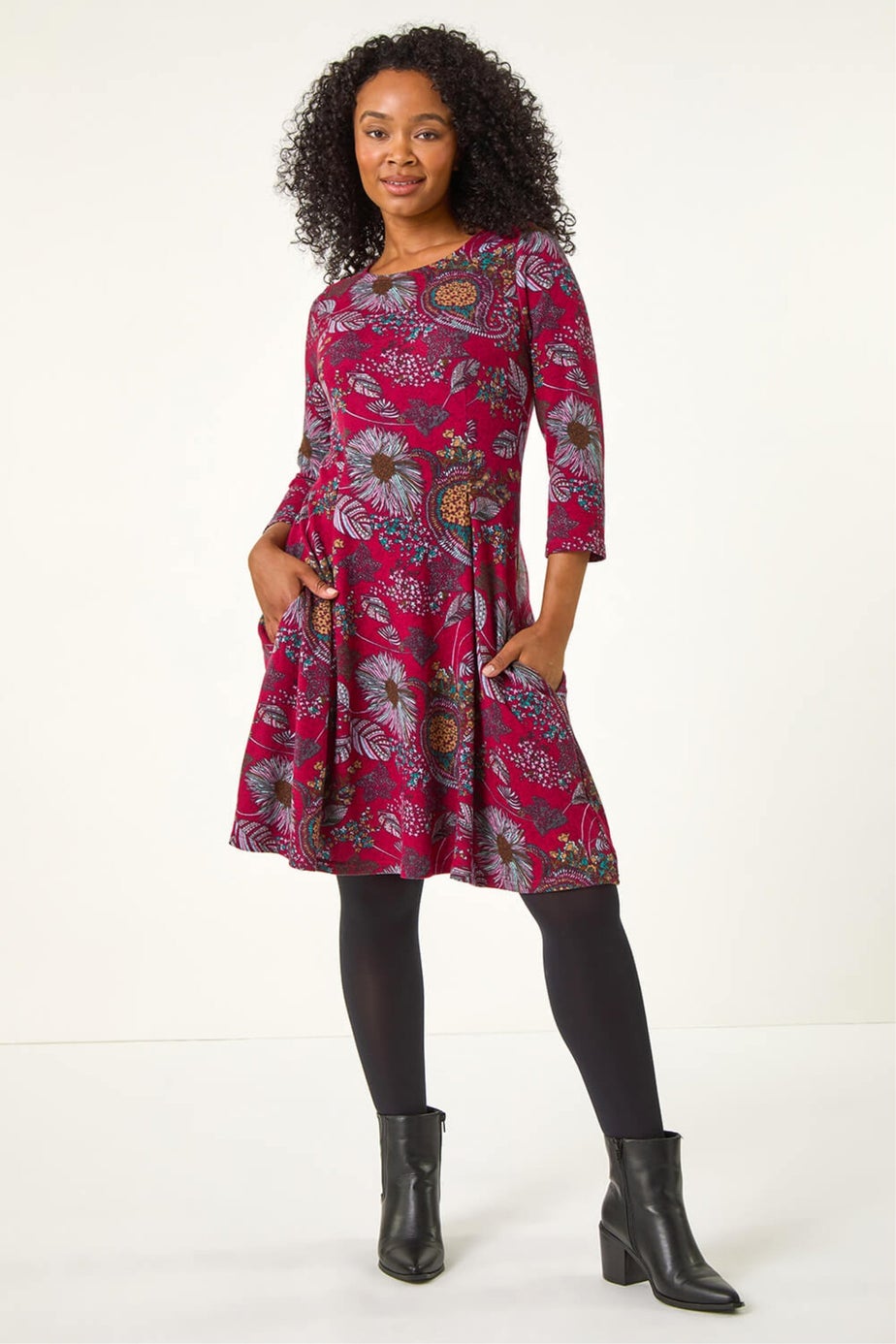 Roman Burgundy Petite Floral Print A-Line Stretch Dress
