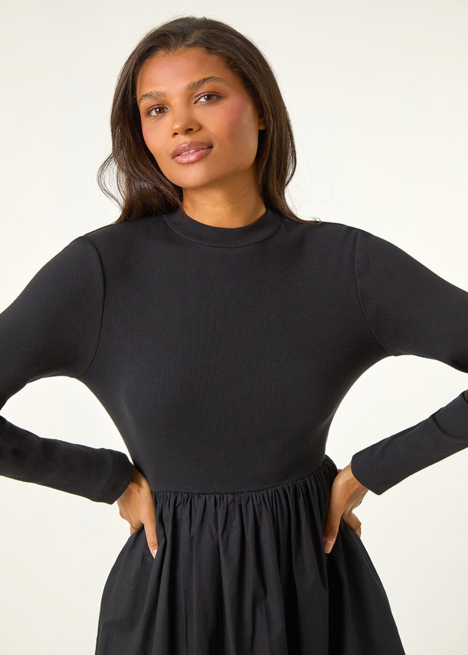 Roman Black Cotton Stretch Jersey Mix Midi Dress