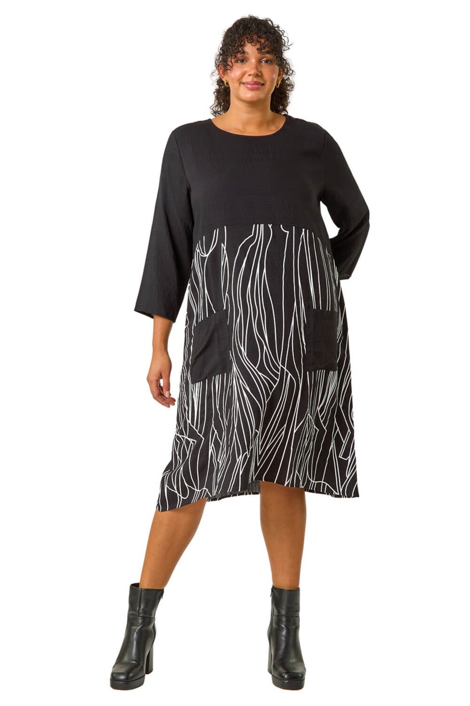 Roman Black Curve Abstract Print Pocket Smock Dress