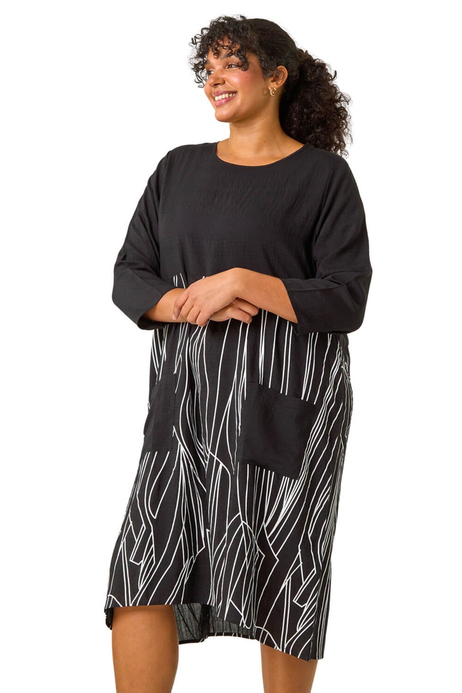 Roman Black Curve Abstract Print Pocket Smock Dress