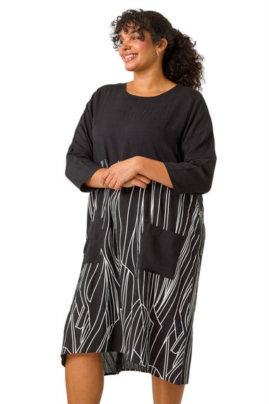 Roman Black Curve Abstract Print Pocket Smock Dress