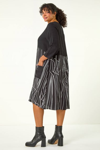 Roman Black Curve Abstract Print Pocket Smock Dress
