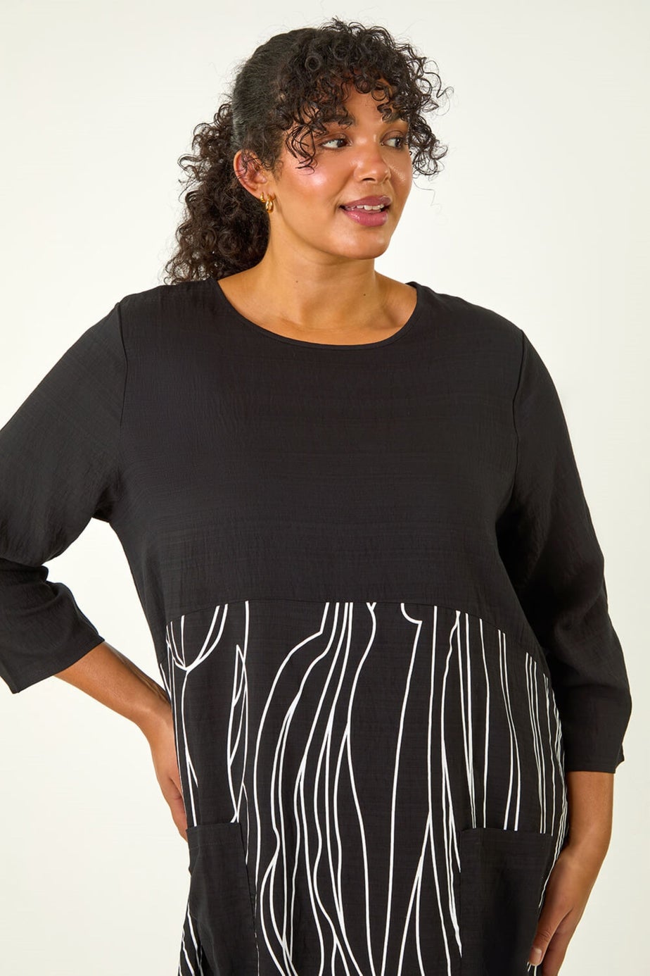 Roman Black Curve Abstract Print Pocket Smock Dress