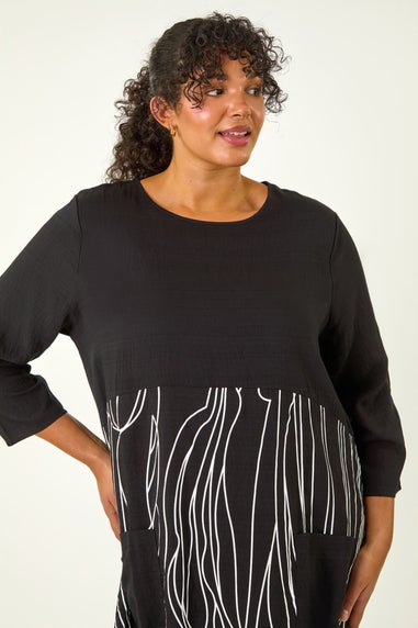 Roman Black Curve Abstract Print Pocket Smock Dress