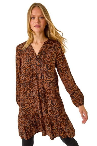 Roman Rust Animal Print Pintuck Smock Dress