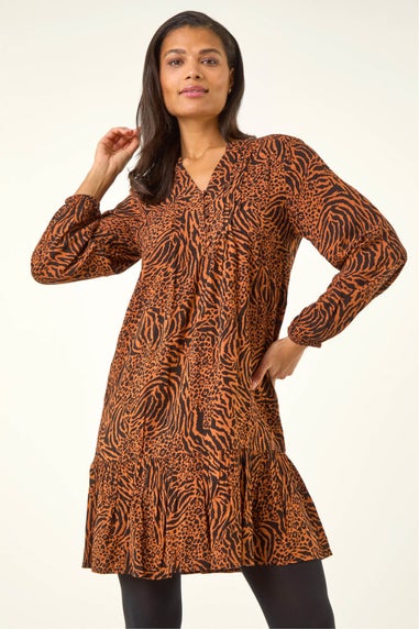 Roman Rust Animal Print Pintuck Smock Dress