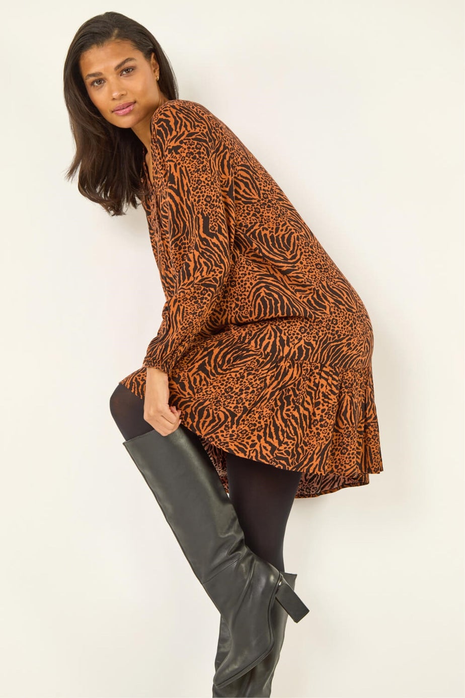 Roman Rust Animal Print Pintuck Smock Dress