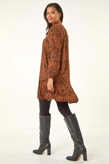 Roman Rust Animal Print Pintuck Smock Dress