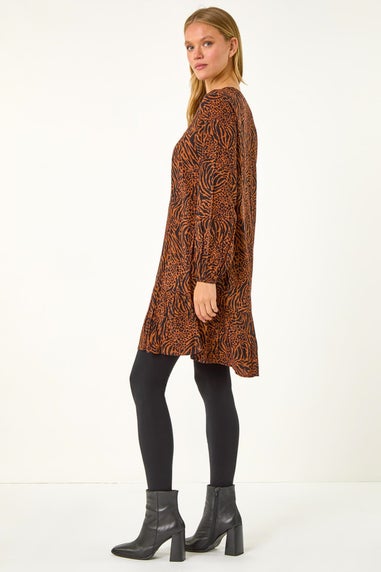 Roman Rust Animal Print Pintuck Smock Dress